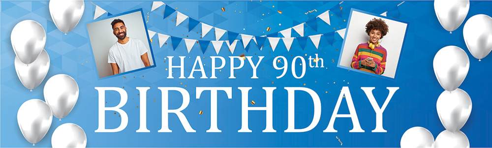 Personalised Happy 90th Birthday Banner - Blue & White - 2 Photo Upload