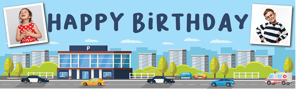 Personalised Happy Birthday Banner - City Cars - 2 Photo Upload