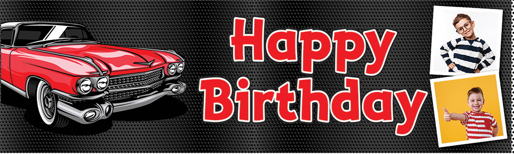Personalised Happy Birthday Banner - Classic Red Car - 2 Photo Upload