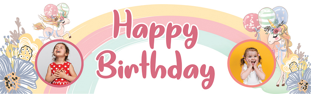 Personalised Happy Birthday Banner - Floral Rainbow Unicorn Party - 2 Photo Upload