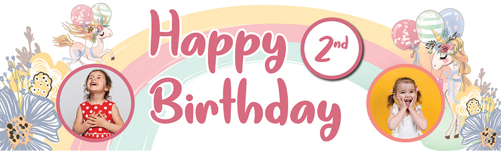 Personalised Happy 2nd Birthday Banner - Floral Unicorn - 2 Photo Upload