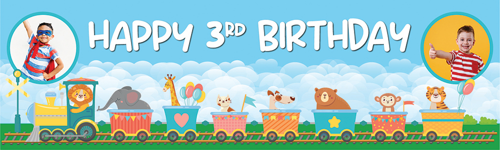 Personalised Happy 3rd Birthday Banner - Lion Circus Train - 2 Photo Upload