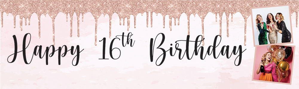 Personalised Happy 16th Birthday Banner - Pink Glitter - 2 Photo Upload