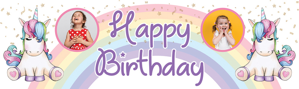 Personalised Happy Birthday Banner - Rainbow Unicorn Fairytale - 2 Photo Upload