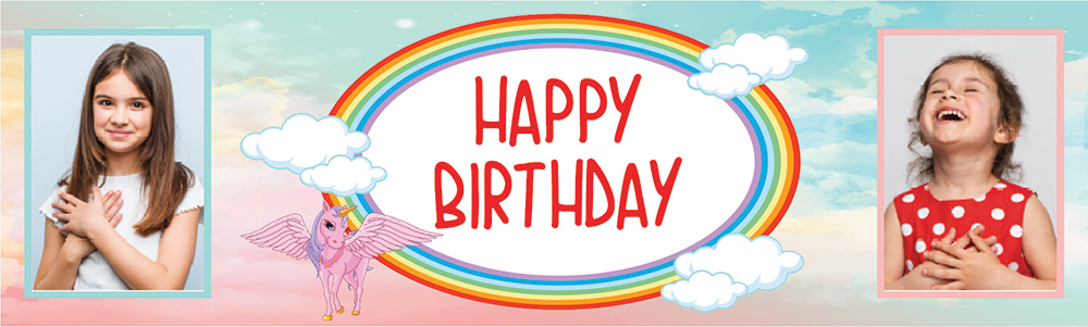 Personalised Happy Birthday Banner - Rainbow Unicorn Pegasus - 2 Photo Upload