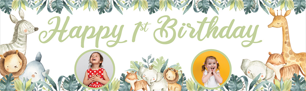 Personalised Happy 1st Birthday Banner - Safari Animal Friends - 2 Photo Upload