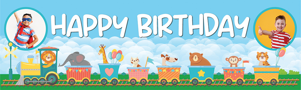 Personalised Happy Birthday Banner - Safari Animal Train - 2 Photo Upload