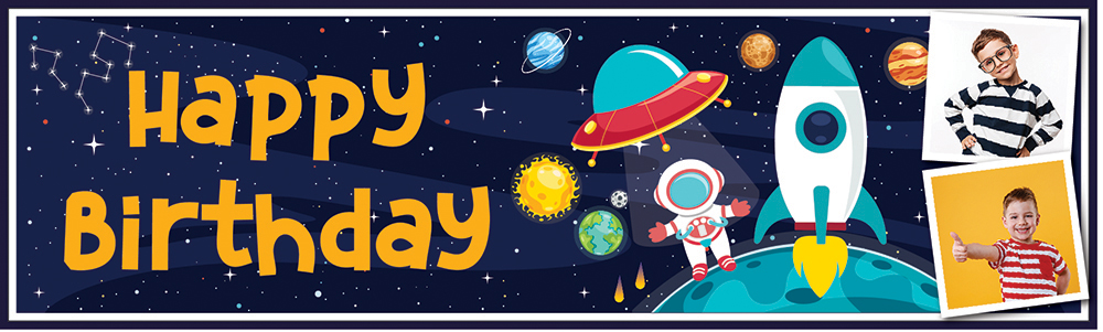 Personalised Happy Birthday Banner - Space Rocket Planets Kids - 2 Photo Upload