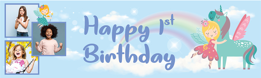 Personalised Happy 1st Birthday Banner - Blue Unicorn & Fairy - 3 Photo Upload