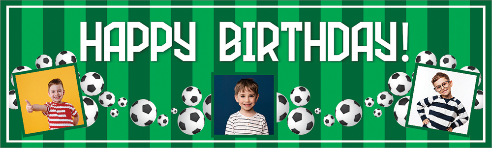 Personalised Happy Birthday Banner - Kids Football Pitch Party - 3 Photo Upload