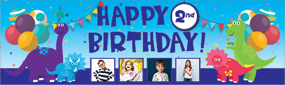 Personalised Happy 2nd Birthday Banner - Dinosaur Party - 4 Photo Upload