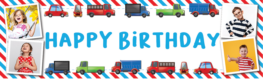 Personalised Happy Birthday Banner - Lorry & Truck - 4 Photo Upload