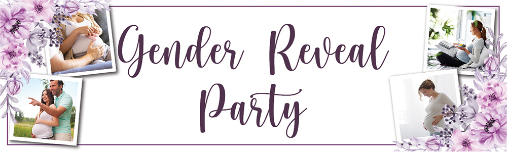 Personalised Gender Reveal Party Banner - Purple Floral Baby - 4 Photo Upload