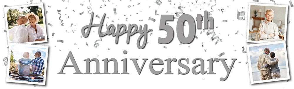 Personalised 50th Wedding Anniversary Banner - Silver Celebration Design - 4 Photo Upload