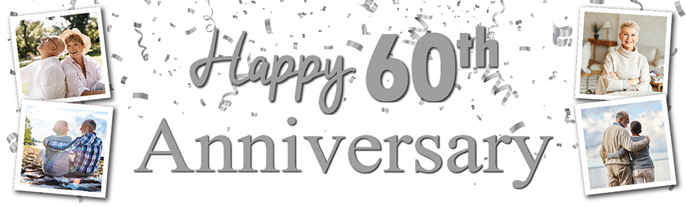 Personalised 60th Wedding Anniversary Banner - Silver Celebration Design - 4 Photo Upload
