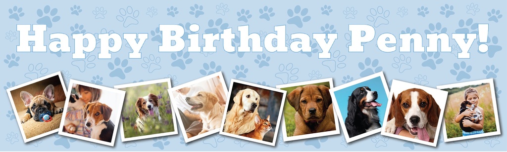 Personalised Pet Birthday Banner - Blue Paw Prints - 9 Photo Upload