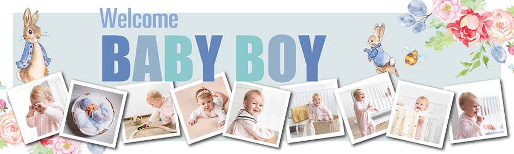 Personalised Baby Boy Banner - Blue Rabbit Welcome - 9 Photo Upload