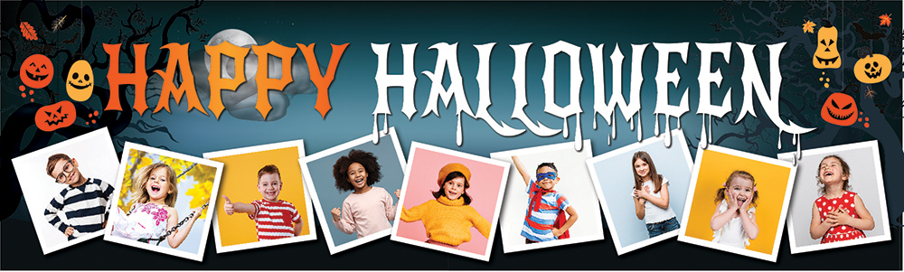 Personalised Halloween Party Banner - Full Moon & Pumpkins - 9 Photo Upload