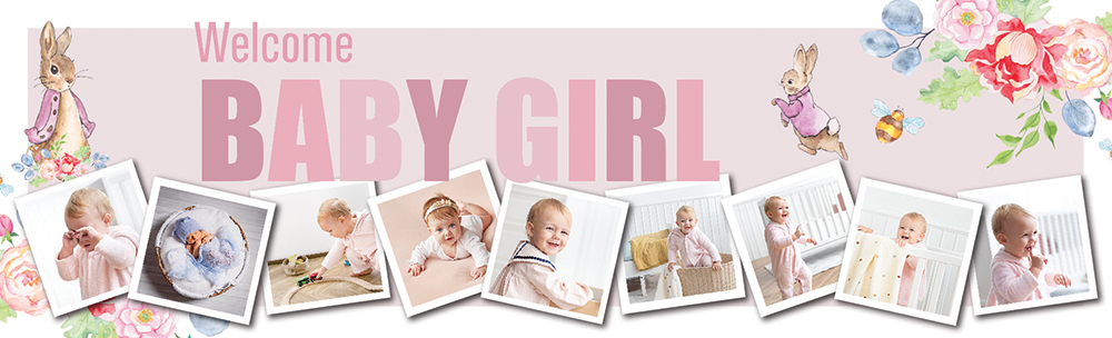 Personalised Baby Girl Banner - Pink Rabbit Floral Welcome - 9 Photo Upload