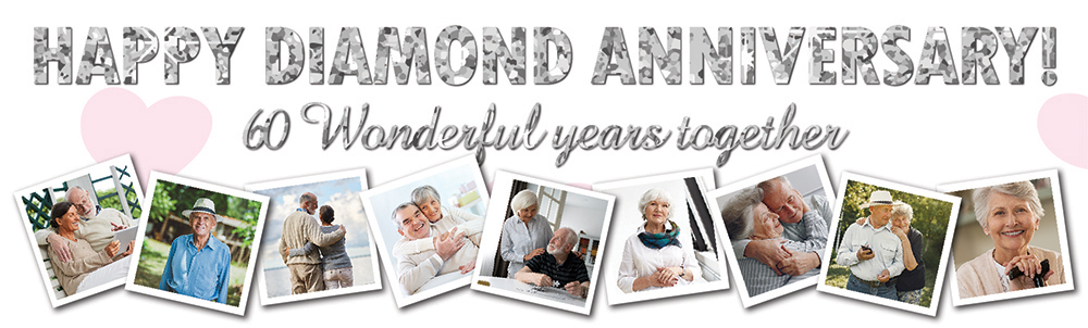 Personalised 60th Wedding Anniversary Banner - Diamond - 9 Photo upload