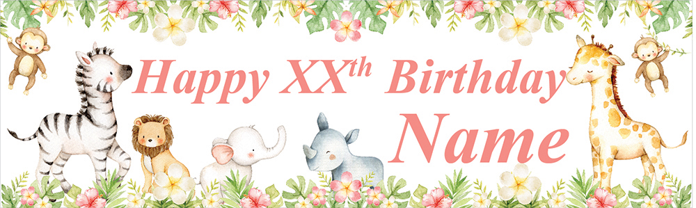 Personalised Happy Birthday Banner - Baby Safari Animals - Custom Age & Name