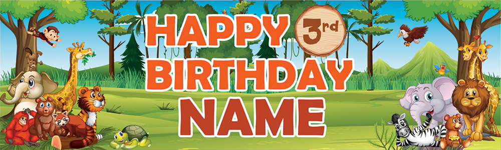 Personalised Happy Birthday Banner - Jungle Animals - Custom Age & Name