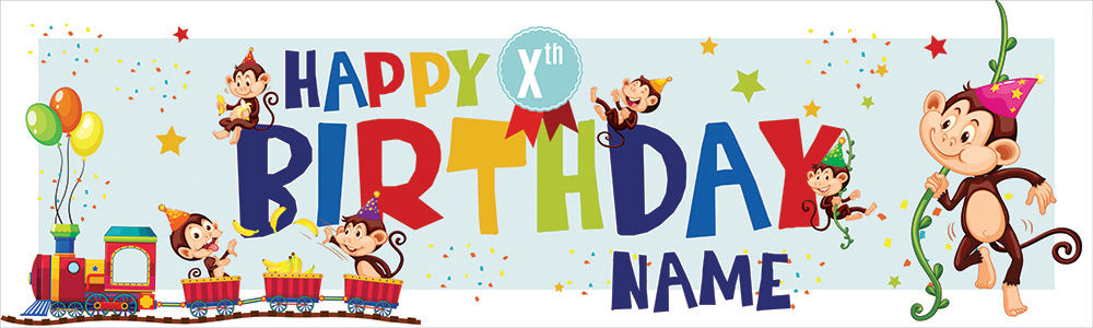 Personalised Happy Birthday Banner - Monkey Safari Train - Custom Age & Name