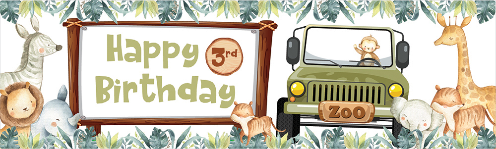 Personalised Happy Birthday Banner - Jeep Safari Animals - Custom Age