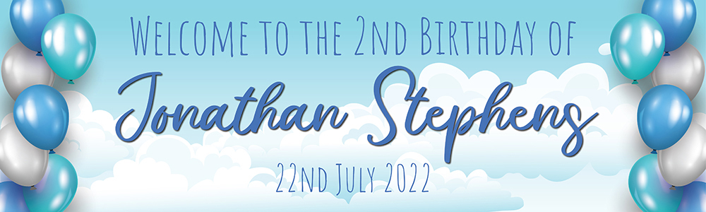 Personalised 2nd Birthday Banner - Clouds & Blue Balloons - Custom Name & Date
