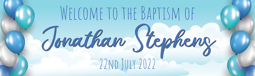 Personalised Baptism Banner - Clouds & Blue Balloons - Custom Name & Date
