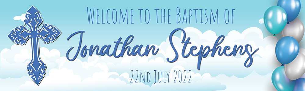 Personalised Baptism Banner - Clouds & Blue Cross - Custom Name & Date