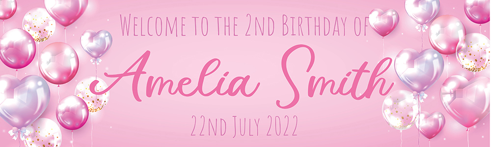 Personalised 2nd Birthday Banner - Pink Balloons - Custom Name & Date