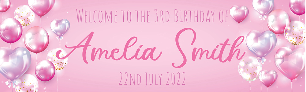 Personalised 3rd Birthday Banner - Pink Balloons - Custom Name & Date