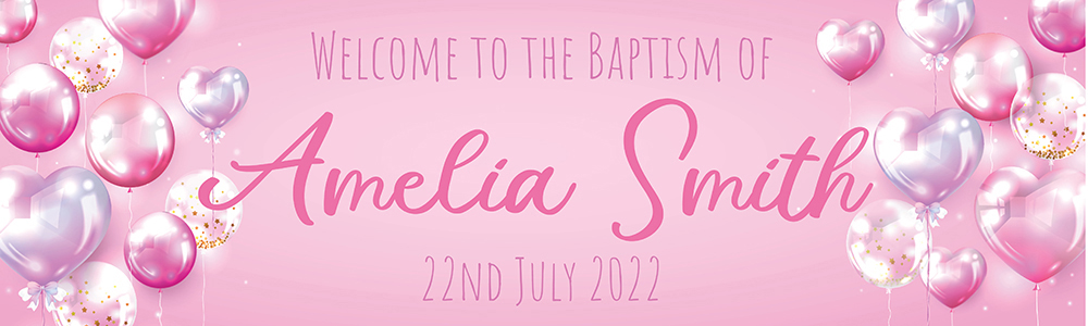 Personalised Baptism Banner - Pink Balloons - Custom Name & Date