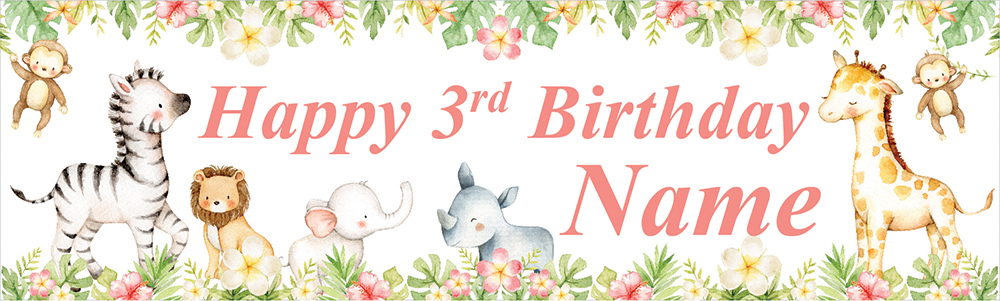Personalised Happy 3rd Birthday Banner - Baby Safari Animals - Custom Name