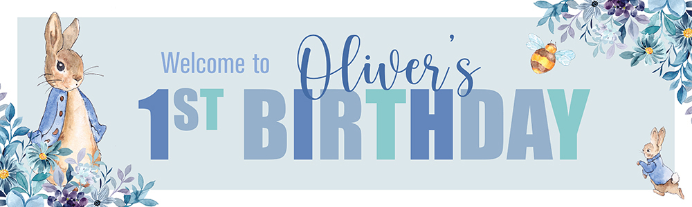 Personalised Happy 1st Birthday Banner - Blue Rabbit - Custom Name