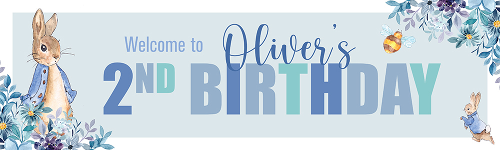 Personalised Happy 2nd Birthday Banner - Blue Rabbit - Custom Name