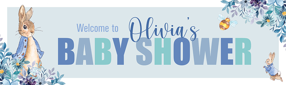 Personalised Baby Shower Banner - Blue Rabbit - Custom Name