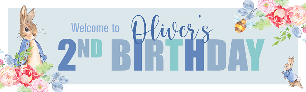Personalised Happy 2nd Birthday Banner - Blue Rabbit Welcome - Custom Name