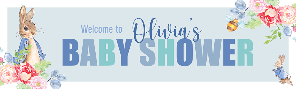 Personalised Baby Shower Banner - Blue Rabbit Welcome - Custom Name