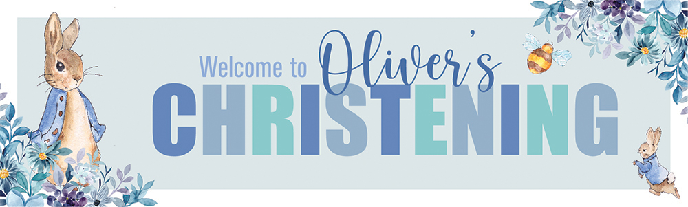 Personalised Christening Banner - Blue Rabbit Welcome - Custom Name