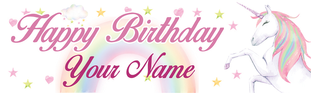 Personalised Happy Birthday Banner - Hearts & Stars Rainbow Unicorn - Custom Name