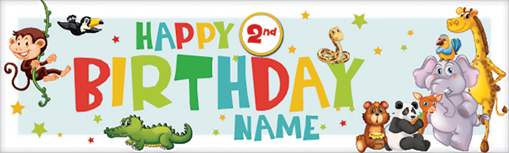 Personalised Happy 2nd Birthday Banner - Jungle Animals - Custom Name