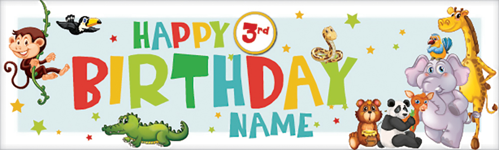 Personalised Happy 3rd Birthday Banner - Jungle Animals - Custom Name