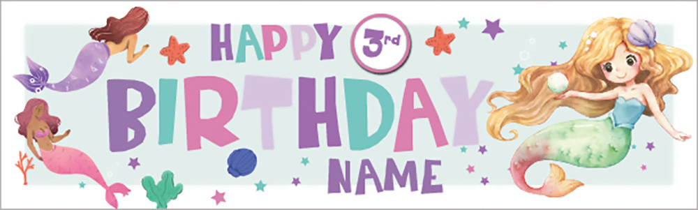 Personalised Happy 3rd Birthday Banner - Mermaid - Custom Name