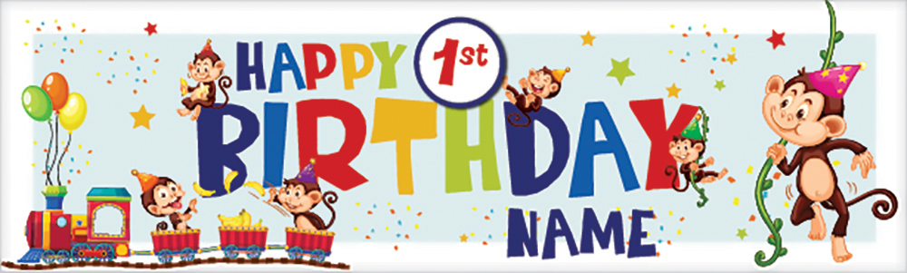 Personalised Happy 1st Birthday Banner - Monkey Train - Custom Name