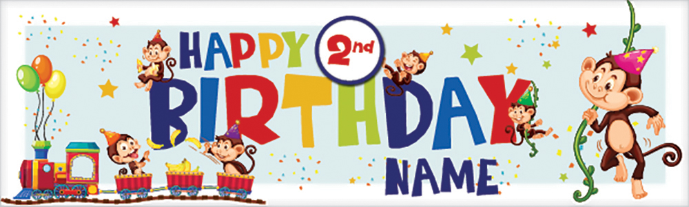 Personalised Happy 2nd Birthday Banner - Monkey Train - Custom Name