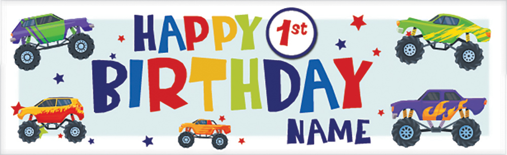 Personalised Happy 1st Birthday Banner - Monster Truck - Custom Name