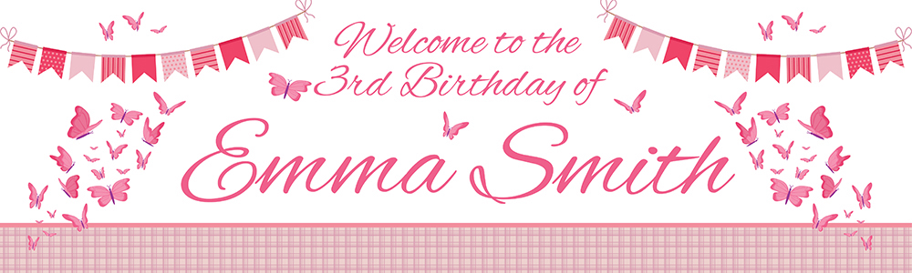 Personalised 3rd Birthday Banner - Pink Butterflies - Custom Name