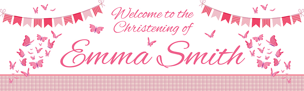 Personalised Christening Banner - Pink Butterflies - Custom Name